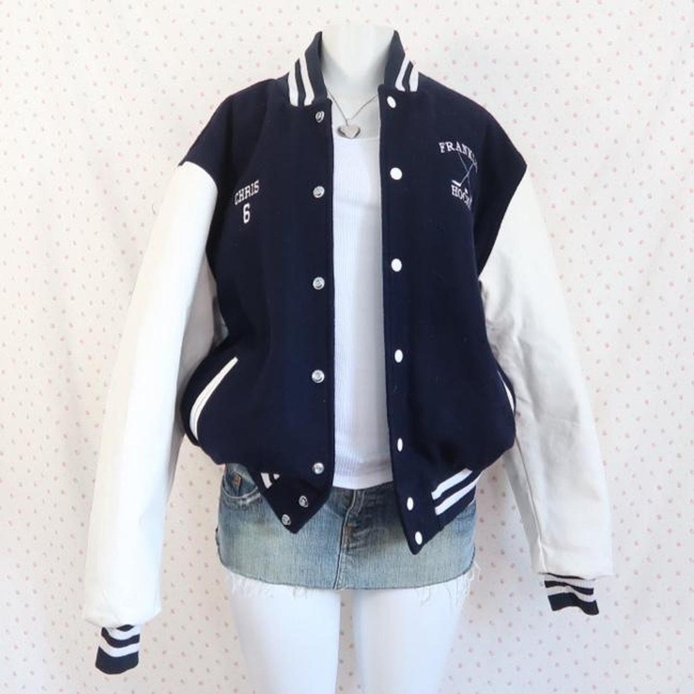 y2k navy & white varsity letterman jacket